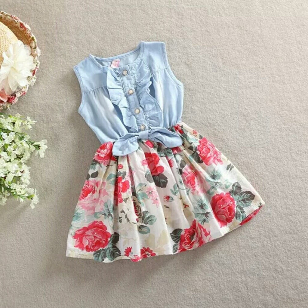 NWT Girls Denim Floral Cream Dress